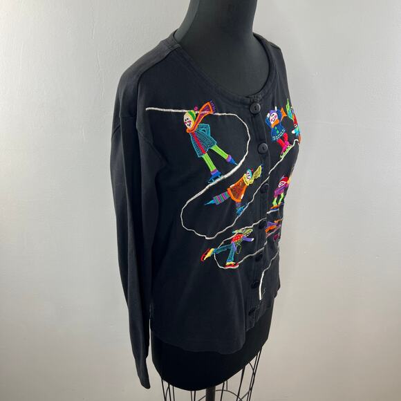VINTAGE Christina Rotelli Black Cotton Embroidered Ice Skating Button Down Top - Picture 4 of 10